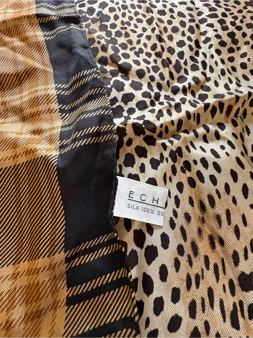 Echo 100% silk Plaid Border Leopard Print Scarf - Brown